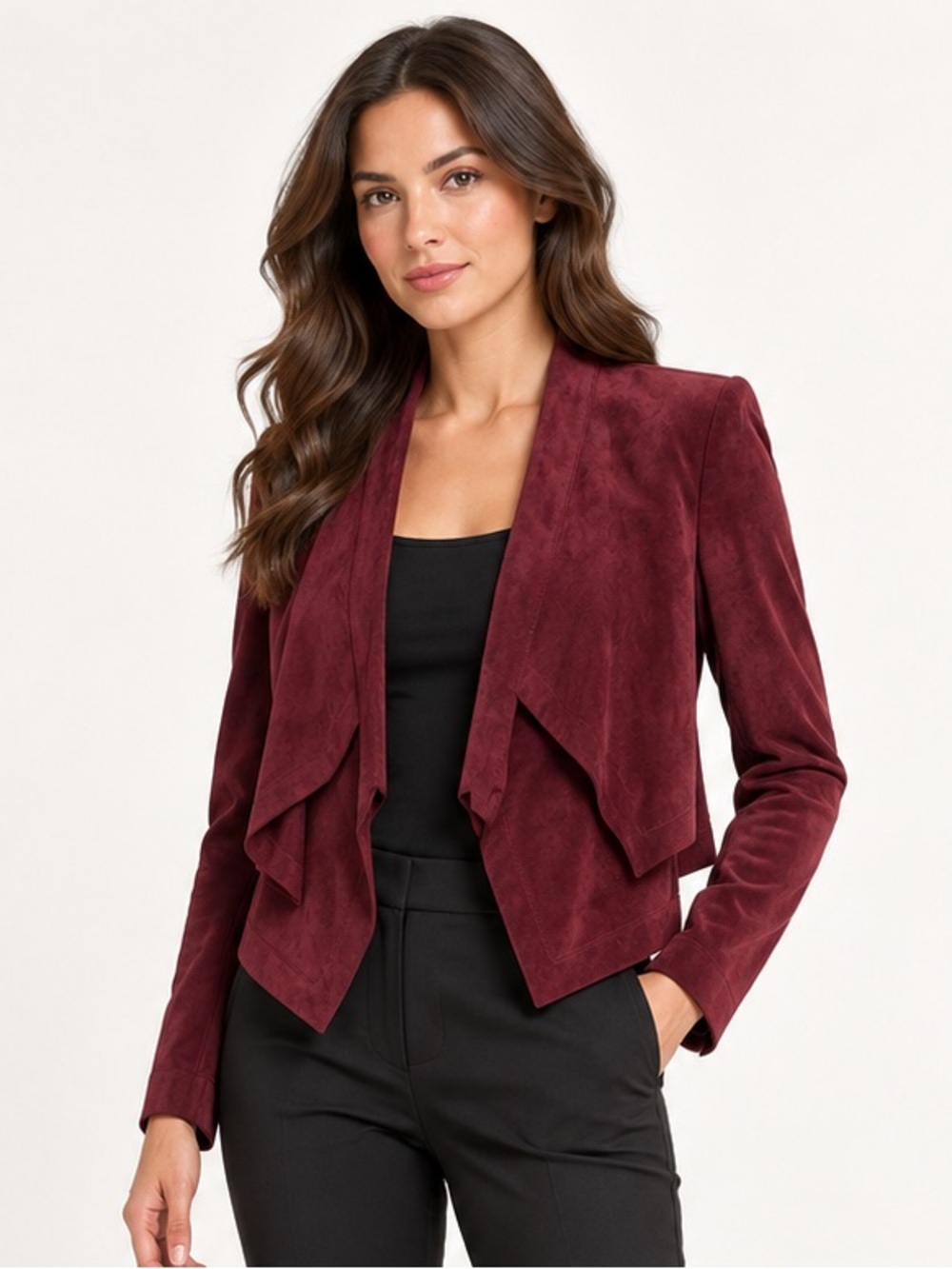 BCBGMAXAZRIA Luke Faux Suede Draped Jacket Blazer Burgundy XS Fall Fashion Chic